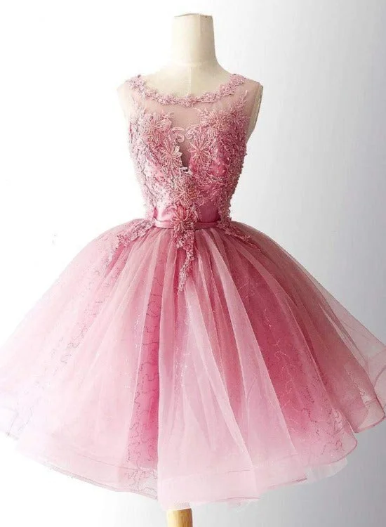 Pink Tulle with Lace Round Neckline Knee Length Party Dress, Pink Homecoming Dresses Tunics Versatile functional