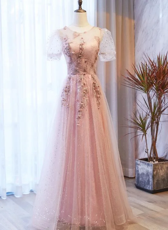 Pink Tulle with Puffy Sleeves Floral Long Evening Dress, Pink Long Party Dress Formal Dresses Tunics Designer luxury