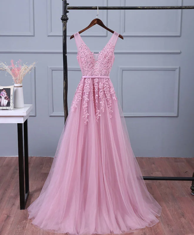 Pink V Neck Lace Tulle Long Prom Dress, Lace Evening Dresses Tunics Practical easy-care