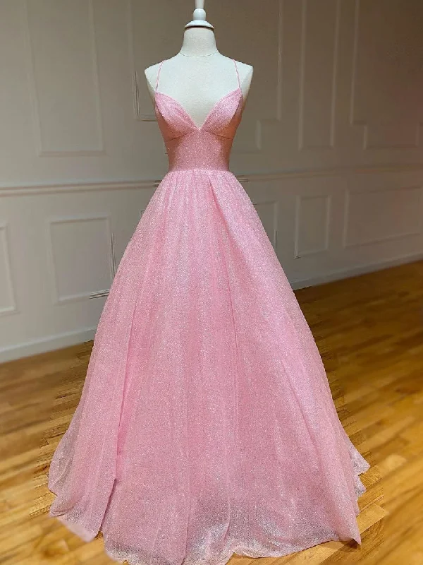 Pink V Neck Long Prom Dress, Pink A-line Sequin Tulle Evening Dress Off-the-shoulder Bohemian Festive