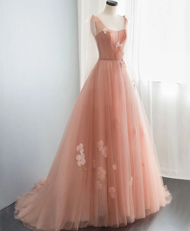 Pink V Neck Tulle Long Prom Dress, Tulle Pink Evening Dress Tunics Cozy comfortable