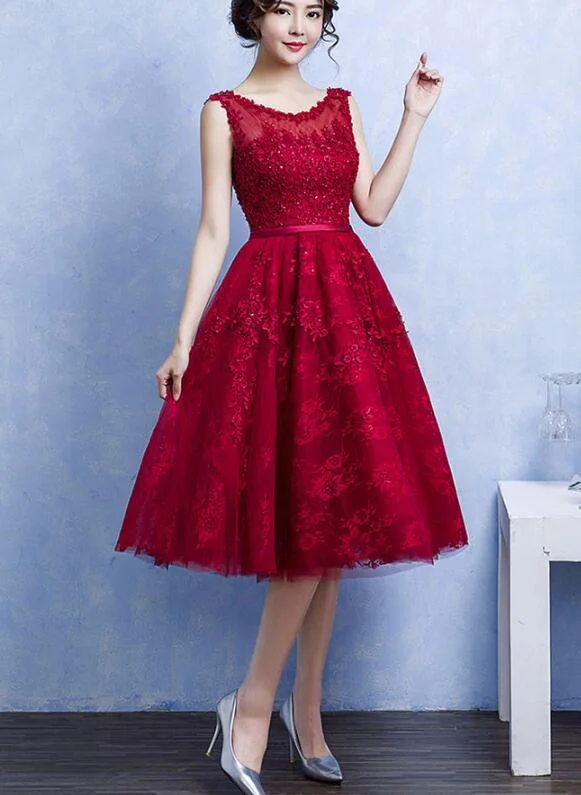 Pretty Handmade Knee Length Dark Red Lace Junior Party Dress, Beautiful Tulle Dress Cowl Neckline Elegant