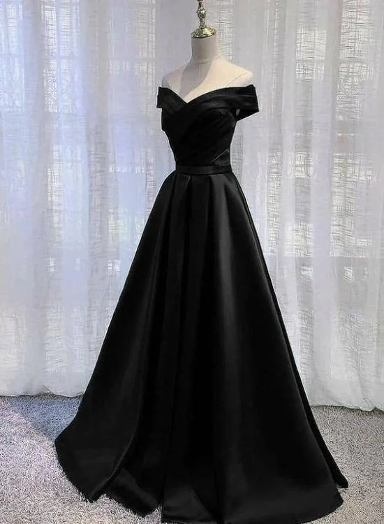 Pretty Off Shoulder Black Satin A-line Party Dress Formal Dress, Long Black Prom Dress Tunics Print Colorful