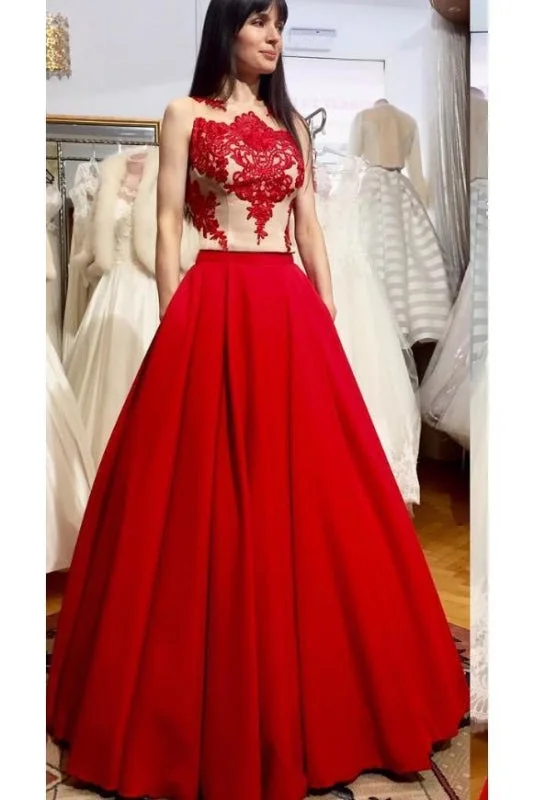 Puffy Floor Length Red Prom with Appliques Long Satin Evening Dress empire Waist empire