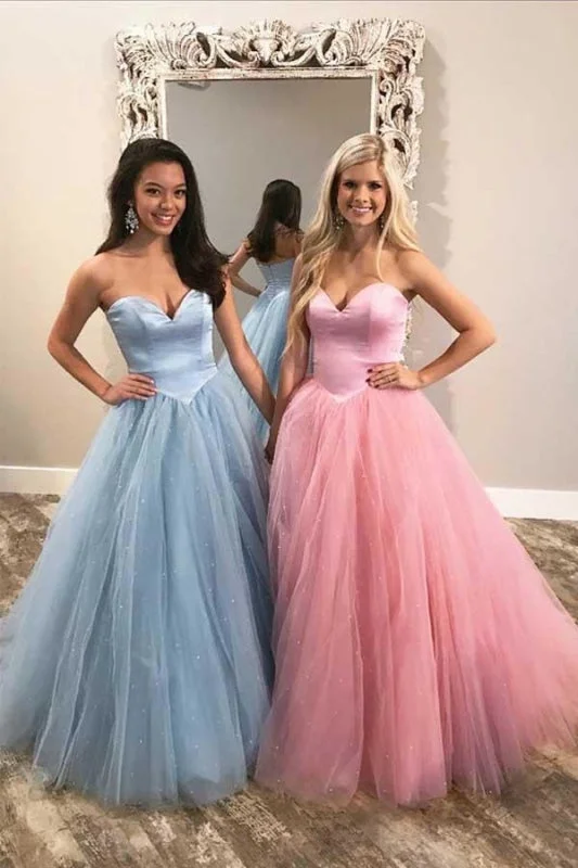 Puffy Sweetheart Blue/Pink Tulle Prom Cheap Strapless Floor Length Party Dress Tunics Fashionable trendy