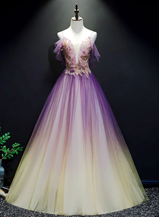 Purple and Yellow Gradient V-neckline Straps Tulle Evening Gown, Long Prom Dress Party Dress sweetheart Neckline Romantic