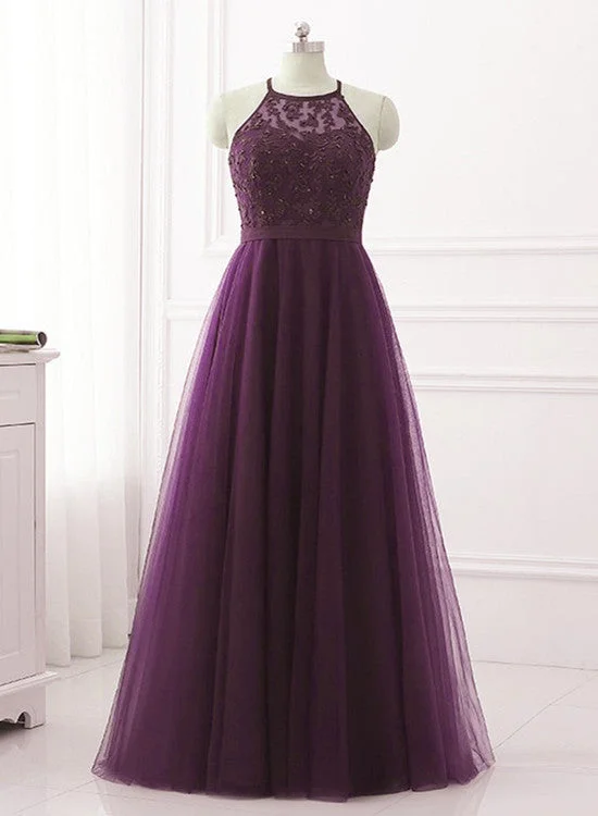 Purple Halter Tulle with Lace Applique Long Prom Dress, A-line Floor Length Party Dress Tunics Vintage classic Purple Halter Tulle with Lace Applique Long Prom Dress, A-line Floor Length Party Dress Tunics Vintage classic