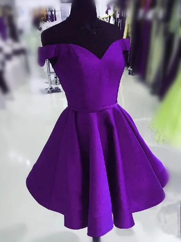 Purple Satin Off Shoulder Short Cute Homecoming Dress, Purple Prom Dress Party Dress Tunics Luxurious high-end Purple Satin Off Shoulder Short Cute Homecoming Dress, Purple Prom Dress Party Dress Tunics Luxurious high-end