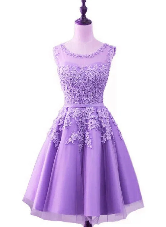 Purple Short Tulle Beaded Round Neckline Knee Length Party Dress, Junior Prom Dress Tunics Hiking breathable