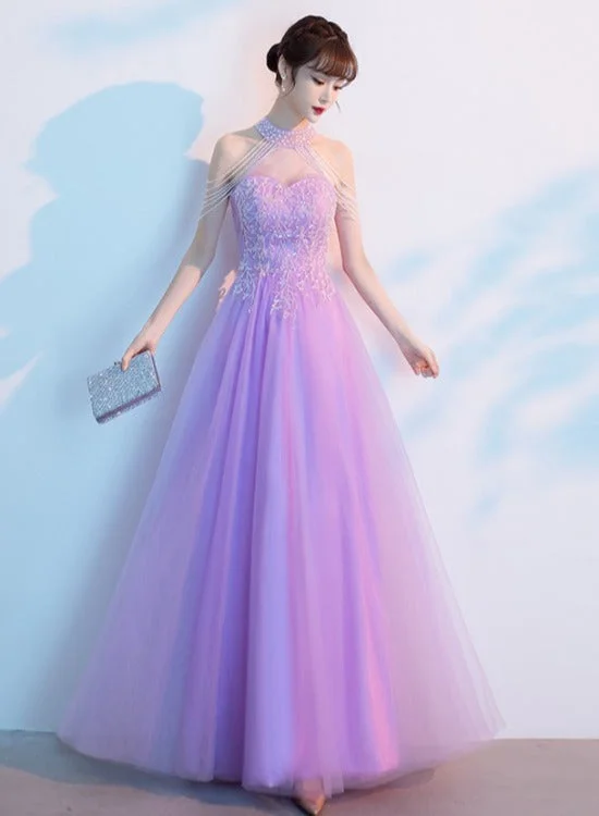 Purple Tulle Beaded Floor Length A-line Prom Dress, Long Evening Dress Party Dress Turtleneck Neckline Stylish
