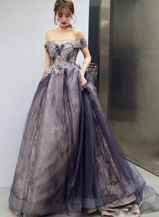 Purple Tulle Sweetheart with Flowers Long Formal Gown, A-line Off Shoulder Party Dress Tunics Yoga stretchy