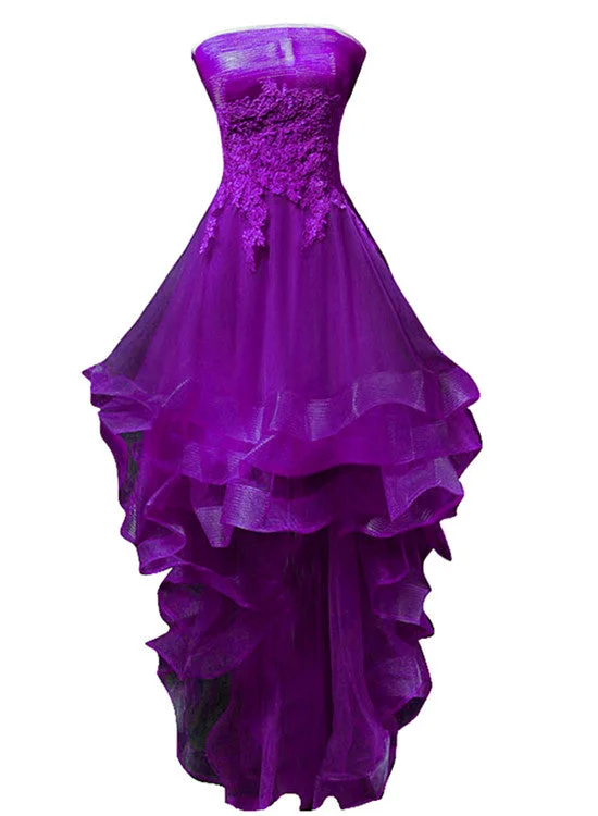 Purple Tulle with Lace High Low Party Dress Formal Dress, Purple Homecoming Dresses Tunics Prom sequined