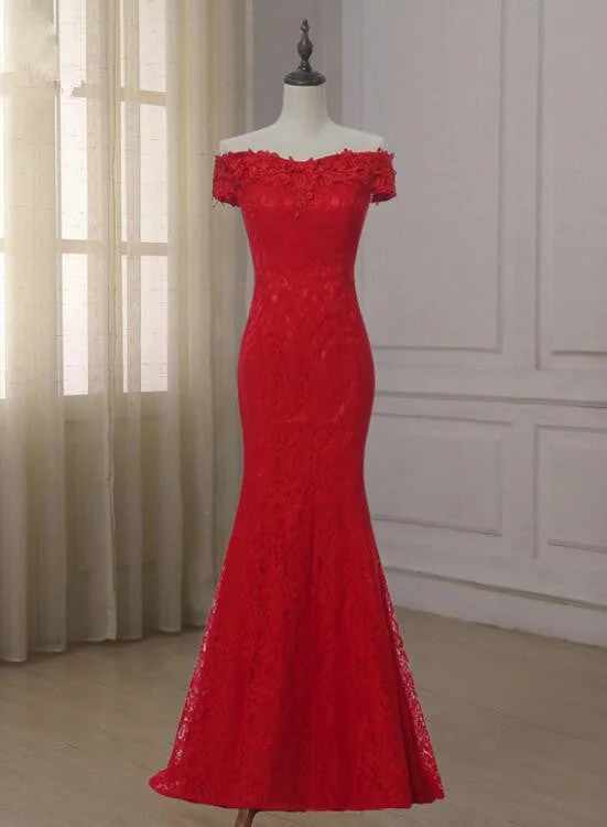 Red Lace Mermaid Off Shoulder Evening Gown, Red Lace Party Dress, Wedding Party Dress High-Low Hemline Casual