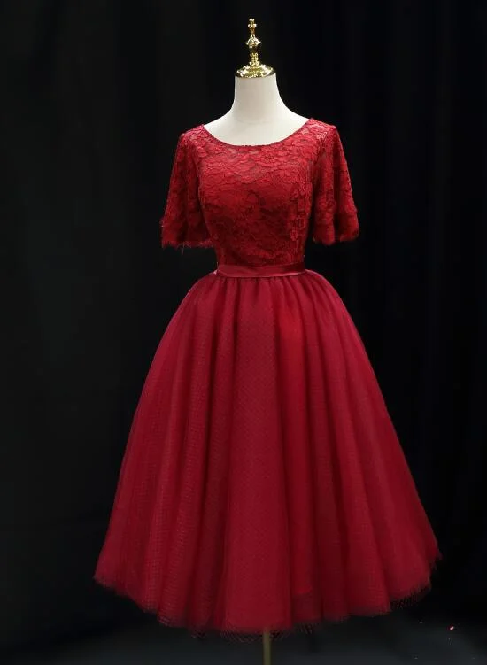 Red Lace Top Short Sleeves Tulle Tea Length Party Dress, Red Wedding Party Dress Tunics Yoga stretchy