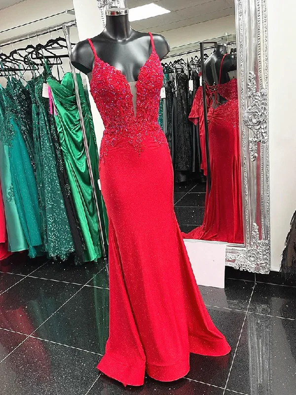 Red Mermaid Lace Prom Dresses, V Neck Red Mermaid Lace Formal Evening Dresses Tunics Satin smooth