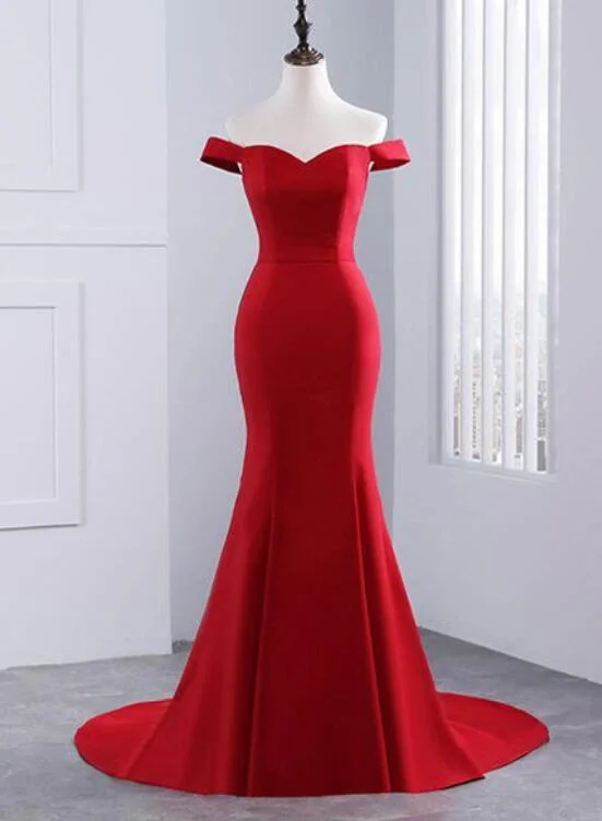 Red Off The Shoulder Sweetheart Mermaid Long Prom Dress With Sweep Train, Red Evening Dress Tunics Mesh breathable