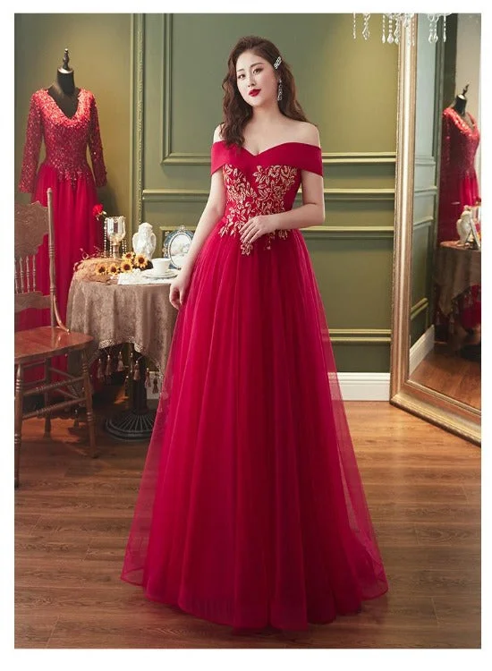 Red Plus Size Tulle Off Shoulder Long Evening Dress, Red A-line Prom Dress Formal Dress Tunics Denim casual