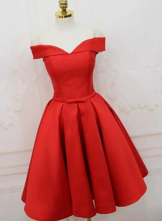 Red Satin Knee Length Party Dress, Beautiful Formal Dress, Red Homecoming Dress Boatneck Modish Everyday