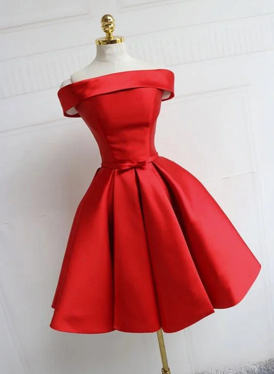 Red Satin Pretty Off Shoulder Knee Length Party Dress , Pretty Party Dress Halter Neckline Beach