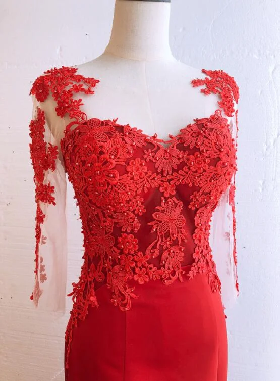 Red Satin Round Neckline Party Dress with Lace Applique, Red Formal Gown Evening Dress Tunics Luxurious premium