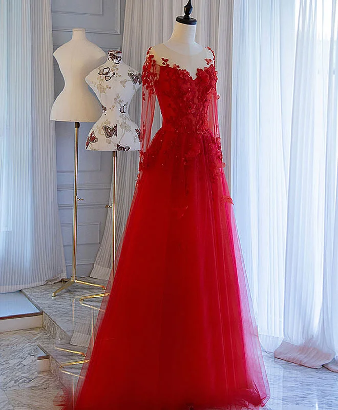 Red Tulle Lace Off Shoulder Long Prom Dress Red Lace Evening Dress Square Neckline Feminine