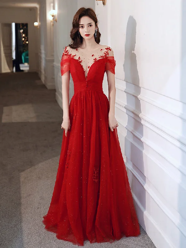 Red Tulle Sweetheart Elegant Long Formal Dress, Red Party Dress Wedding Party Dress Tunics Fleece cozy