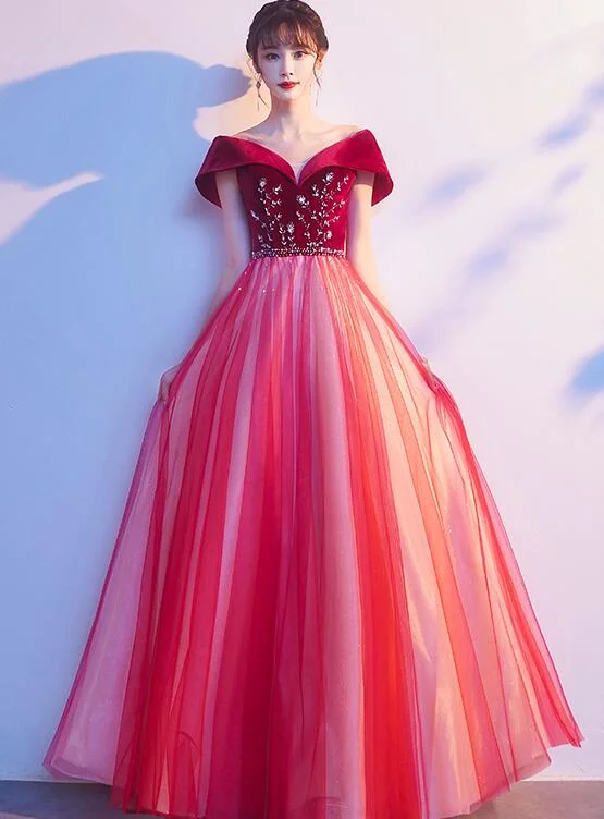 Red Tulle Velvet Top Beaded Off Shoulder Long Party Dress, A-line Red Prom Dresses Tunics Cozy soft