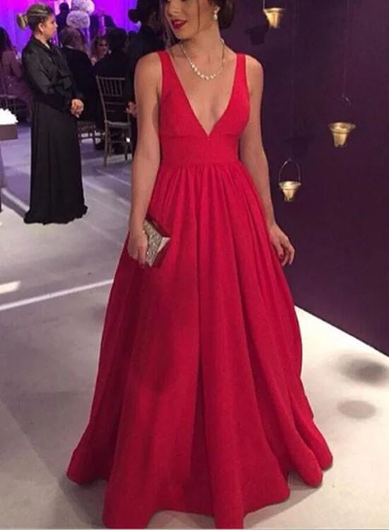 Red V-neckline Pretty A-line Floor Length Formal Gown, Red Evening Party Dress Tunics Business professional