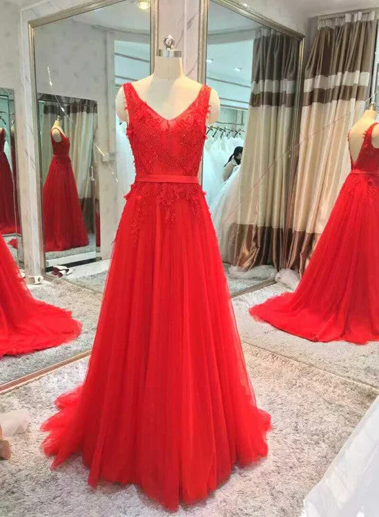 Red V-neckline Tulle Long Party Gown, Red Formal Dress , Party Dress Mermaid Tail Wedding