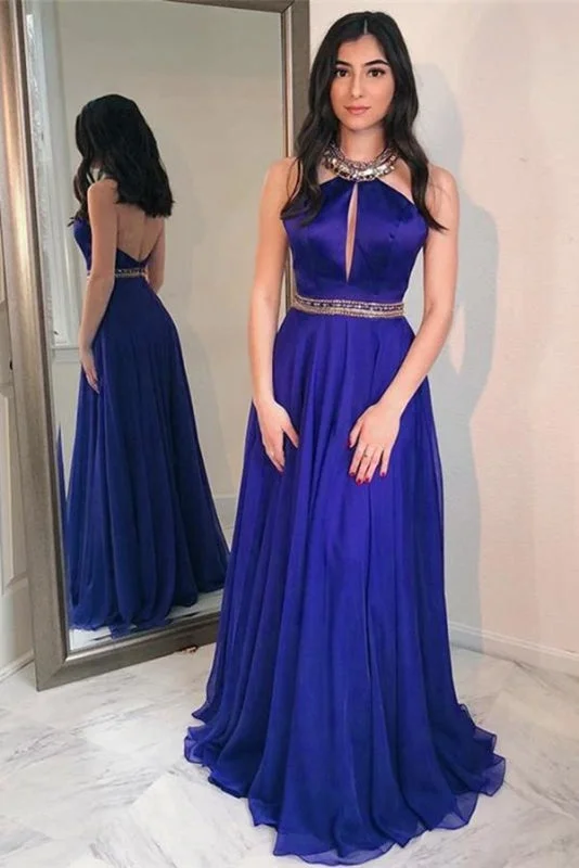 Royal Blue Floor Length Jewel Long Prom with Beads Sexy Backless Evening Dress Tunics Spring floral