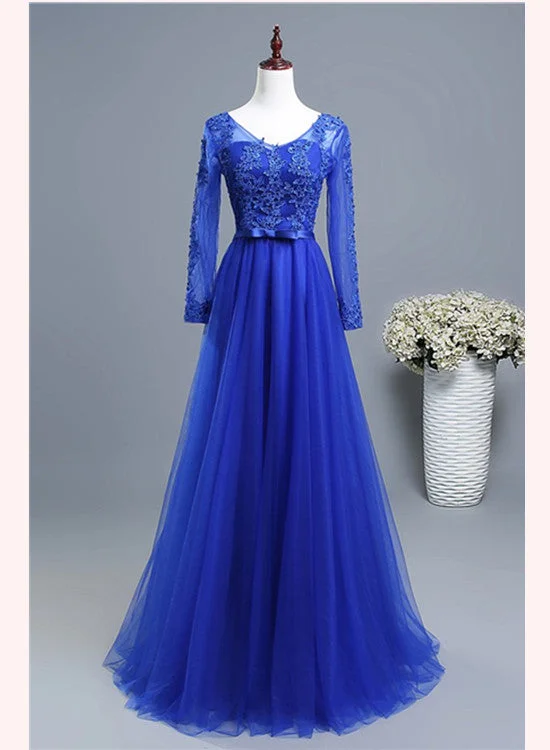 Royal Blue Long Sleeves Tulle with Lace Applique Formal Gown, Blue Bridesmaid Dress Party Dresses Tunics Essential wardrobe