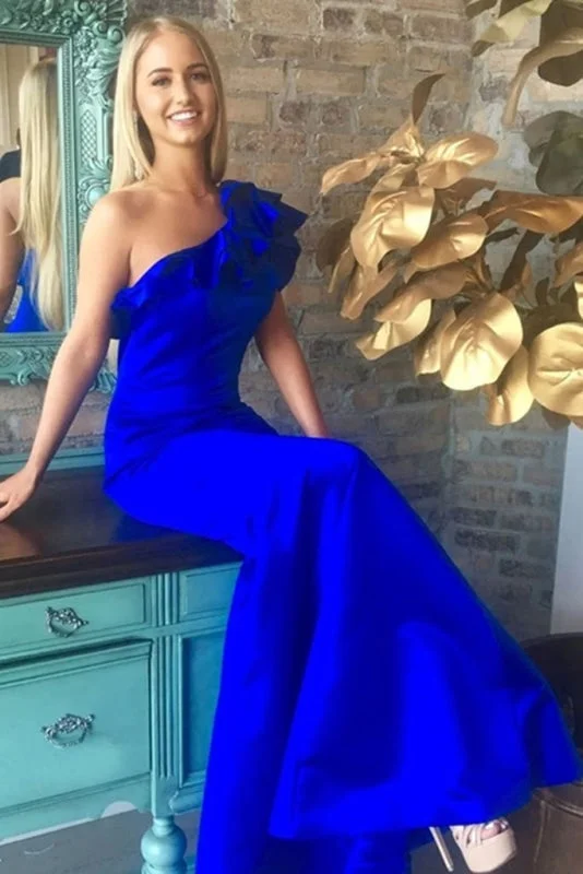 Royal Blue One Shoulder Long Prom Dress Elegant Floor Length Evening Dresses Tunics Solid Classic