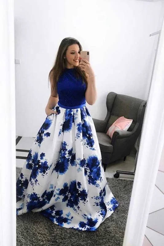 Royal Blue Sleeveless Prom Dress A Line Floral Long Satin Evening Dresses Tunics Versatile stylish