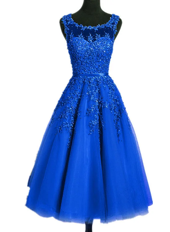 Royal Blue Tulle Tea Length Applique Round Neckline Formal Dress, Blue Wedding Party Dress Tunics Cozy comfortable