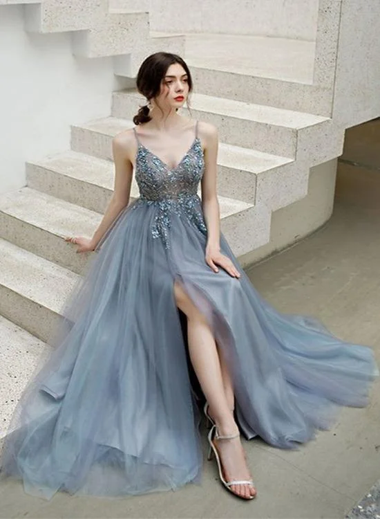 Sexy Blue V-neckline Straps Beaded Top Long Party Dress, V Back Leg Slit Prom Dress Tunics Stylish elegant Sexy Blue V-neckline Straps Beaded Top Long Party Dress, V Back Leg Slit Prom Dress Tunics Stylish elegant