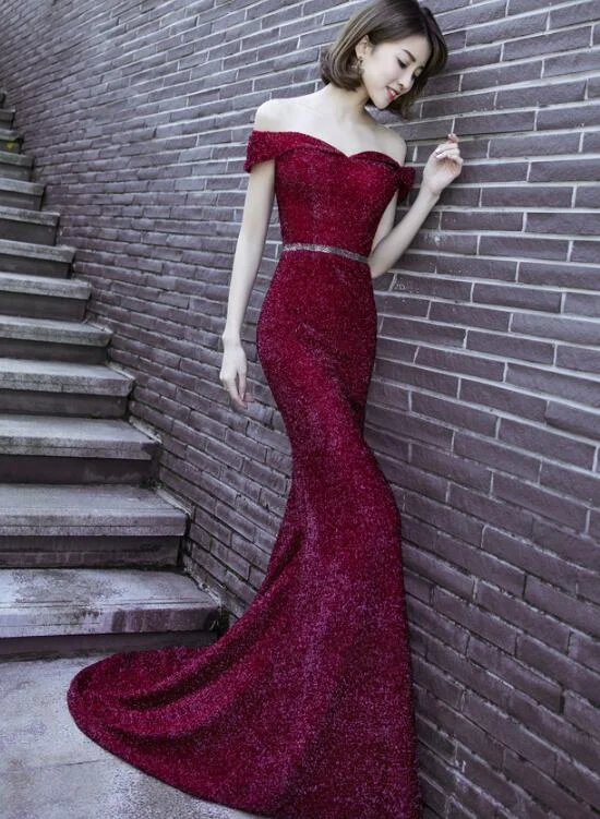 Sexy Dark Red Mermaid Off Shoulder New Party Dress , Long Formal Gowns Tunics Recommended stylist