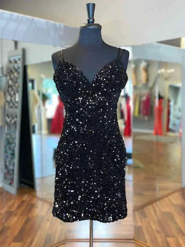 Shiny Backless V Neck Black Purple Short Sequins Prom Dresses, Shiny V Neck Black Purple Short Sequins Formal Evening Dresses Tunics Versatile functional