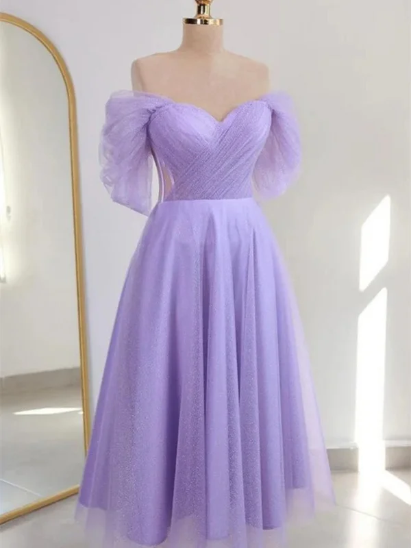 Shiny Off the Shoulder Light Blue/Lilac Tulle Tea Length Prom Dresses, Off Shoulder Light Blue/Lilac Tea Length Tulle Formal Graduation Evening Dresses Tunics Cozy comfortable