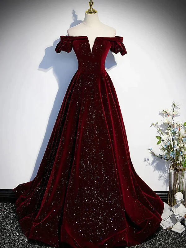 Shiny Off the Shoulder Wine Red Long Prom Dresses, Burgundy Off Shoulder Long Formal Evening Dresses Tunics Brand named