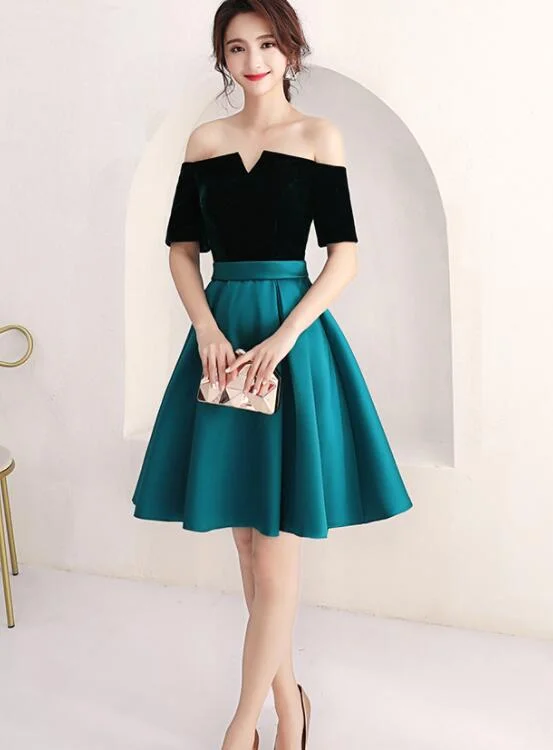Short Green and Black Off Shoulder Wedding Party Dress, Dark Green Bridesmaid Dress Tunics Chinos classic Short Green and Black Off Shoulder Wedding Party Dress, Dark Green Bridesmaid Dress Tunics Chinos classic