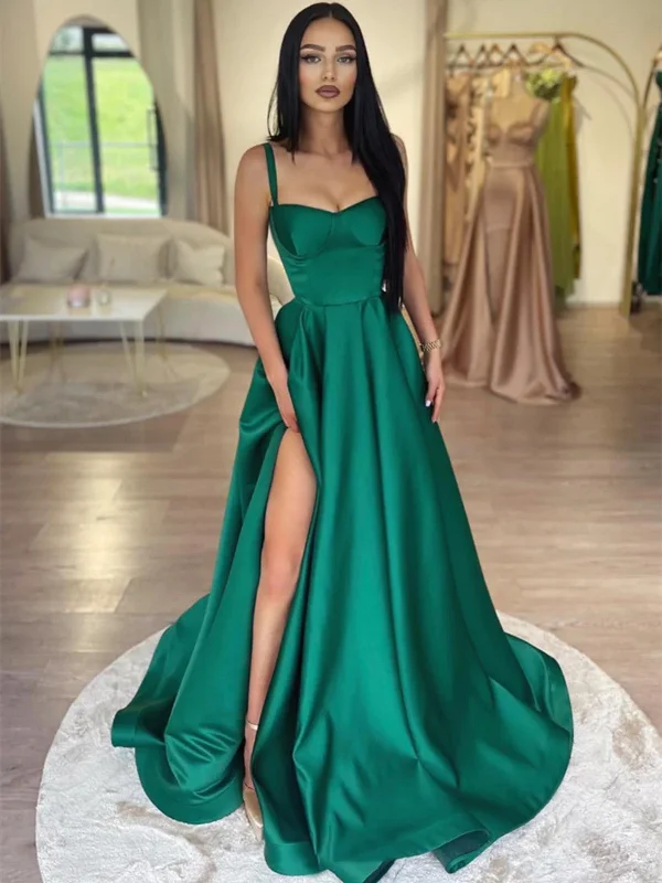 Simple A Line Green Satin Long Prom Dresses with High Slit, Green Satin Evening Party Dresses Tunics Versatile functional