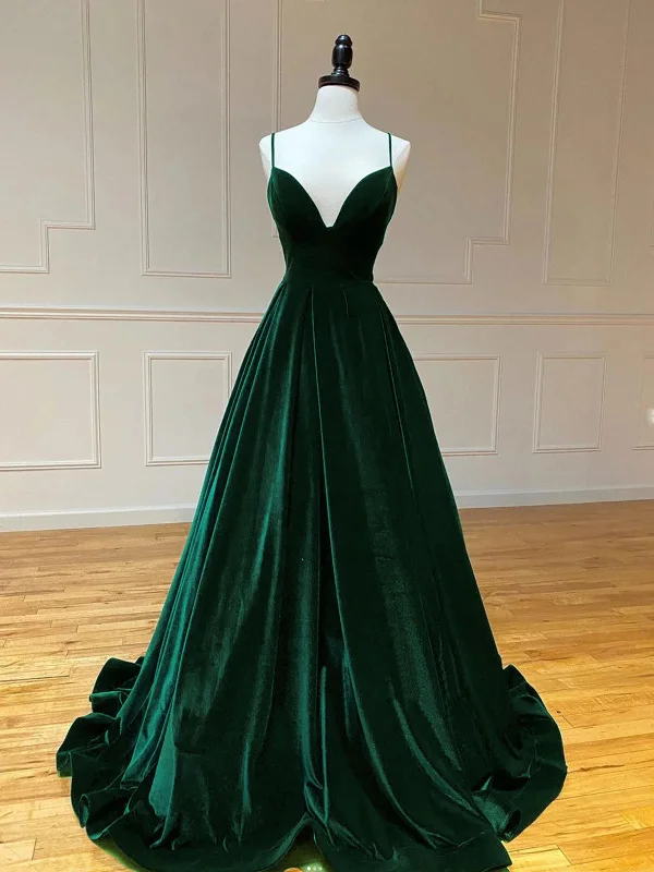 Simple A Line V Neck Velvet Green Long Prom Dresses, Simple A Line V Neck Velvet Green Long Formal Evening Dresses Lace Sexy Club