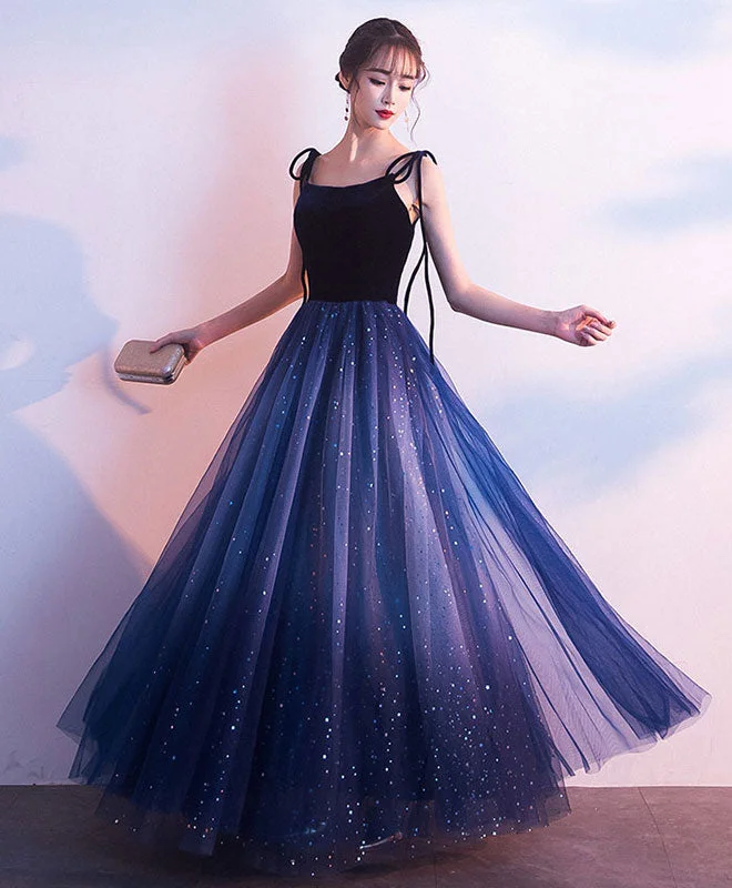 Simple Blue Tulle Long Prom Dress, Shiny Blue Evening Dress Tunics Practical easy-care