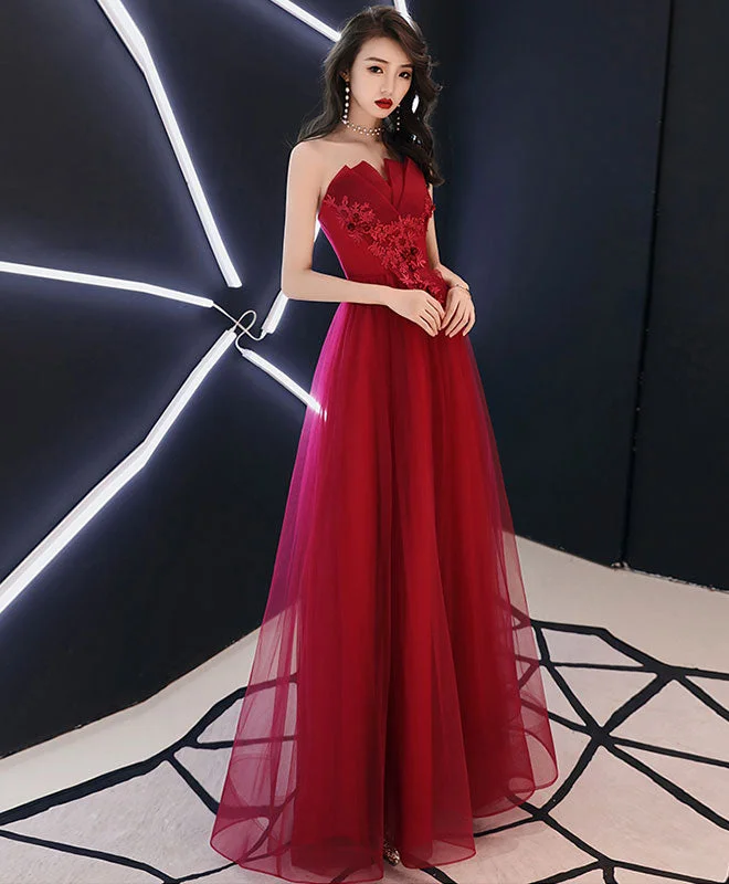 Simple Burgundy Long Prom Dress, Burgundy Evening Dress Tunics Bridal satin