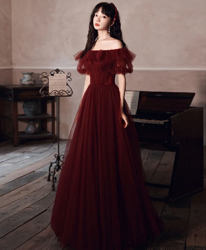 Simple Burgundy Off Shoulder Tulle Long Prom Dress Burgundy Evening Dress Pencil Length Work