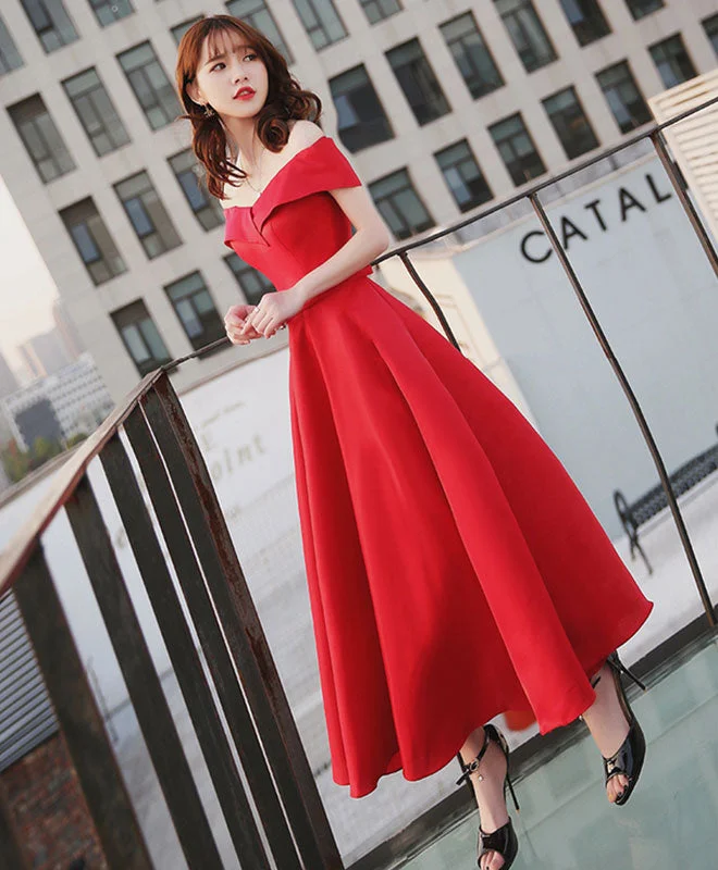 Simple Red Off Shoulder Tea Length Prom Dress, Red Evening Dress Tunics Velvet soft