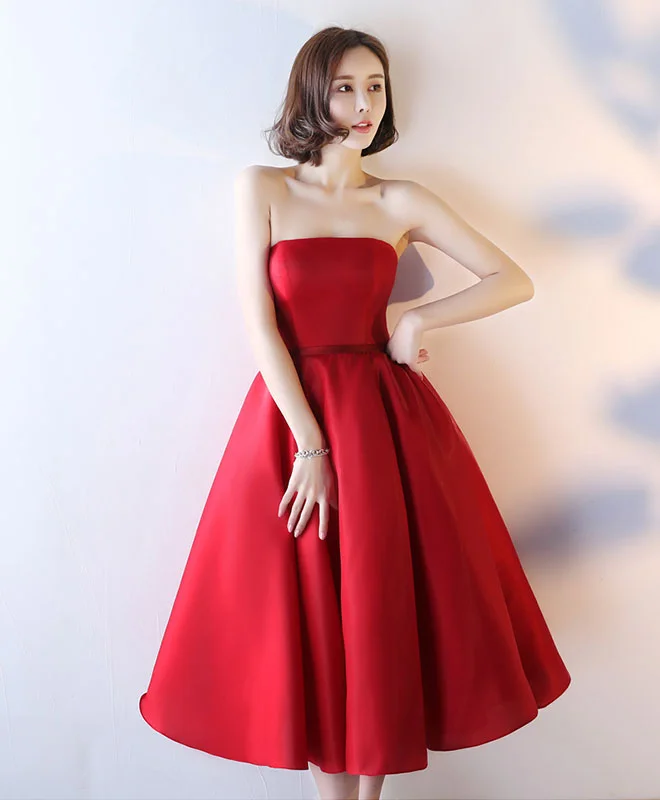 Simple Red Strapless Tea Length Prom Dress, Red Evening Dress Tunics Corduroy durable Simple Red Strapless Tea Length Prom Dress, Red Evening Dress Tunics Corduroy durable