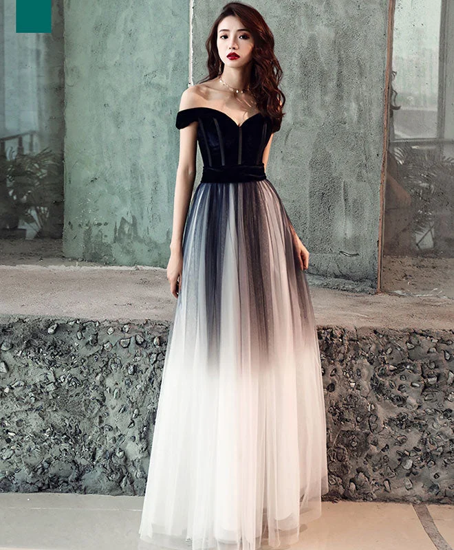 Simple Tulle Off Shoulder Black Long Prom Dress, Black Tulle Evening Dress Lace Sexy Club