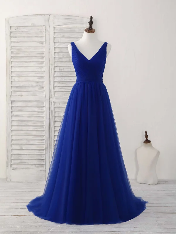 Simple V Neck Royal Blue Tulle Long Prom Dress Blue Evening Dress Tunics Bridal satin Simple V Neck Royal Blue Tulle Long Prom Dress Blue Evening Dress Tunics Bridal satin