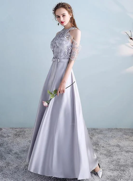 Sliver Grey Satin and Lace A-line Wedding Party Dresses, Cute Long Formal Dress Prom Dress Pleated Skirt Elegant